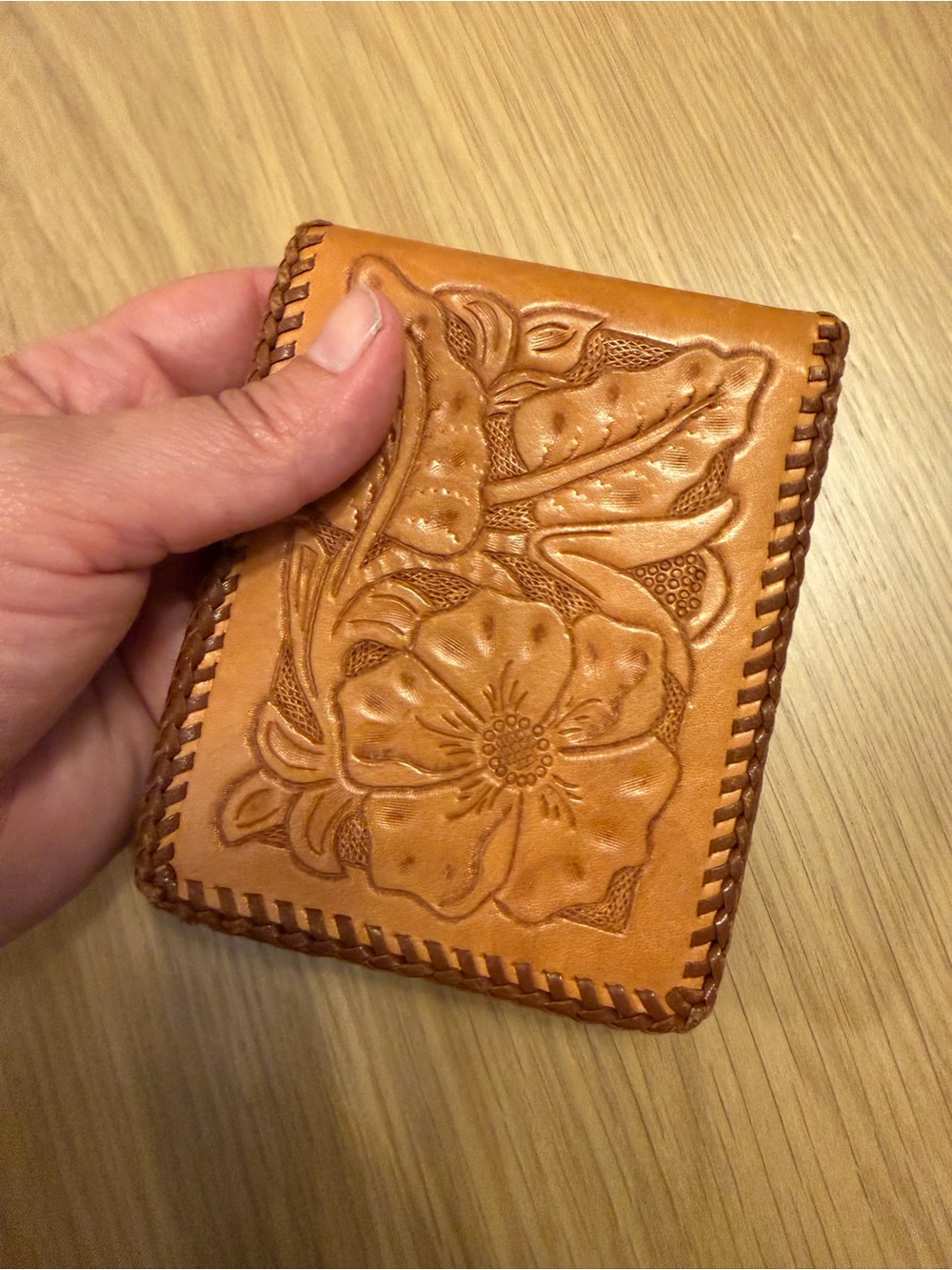 Hand-Tooled Floral Leather Wallet - Tan - Picture 6 of 8